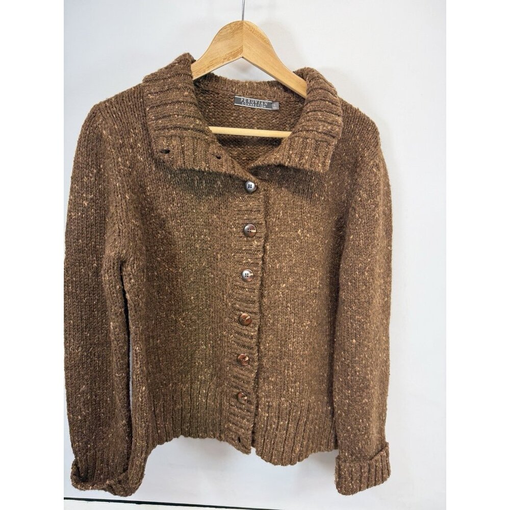 Peruvian Connection Sweater Large Cardigan Brown Chunky Heavy  Collar Buttons